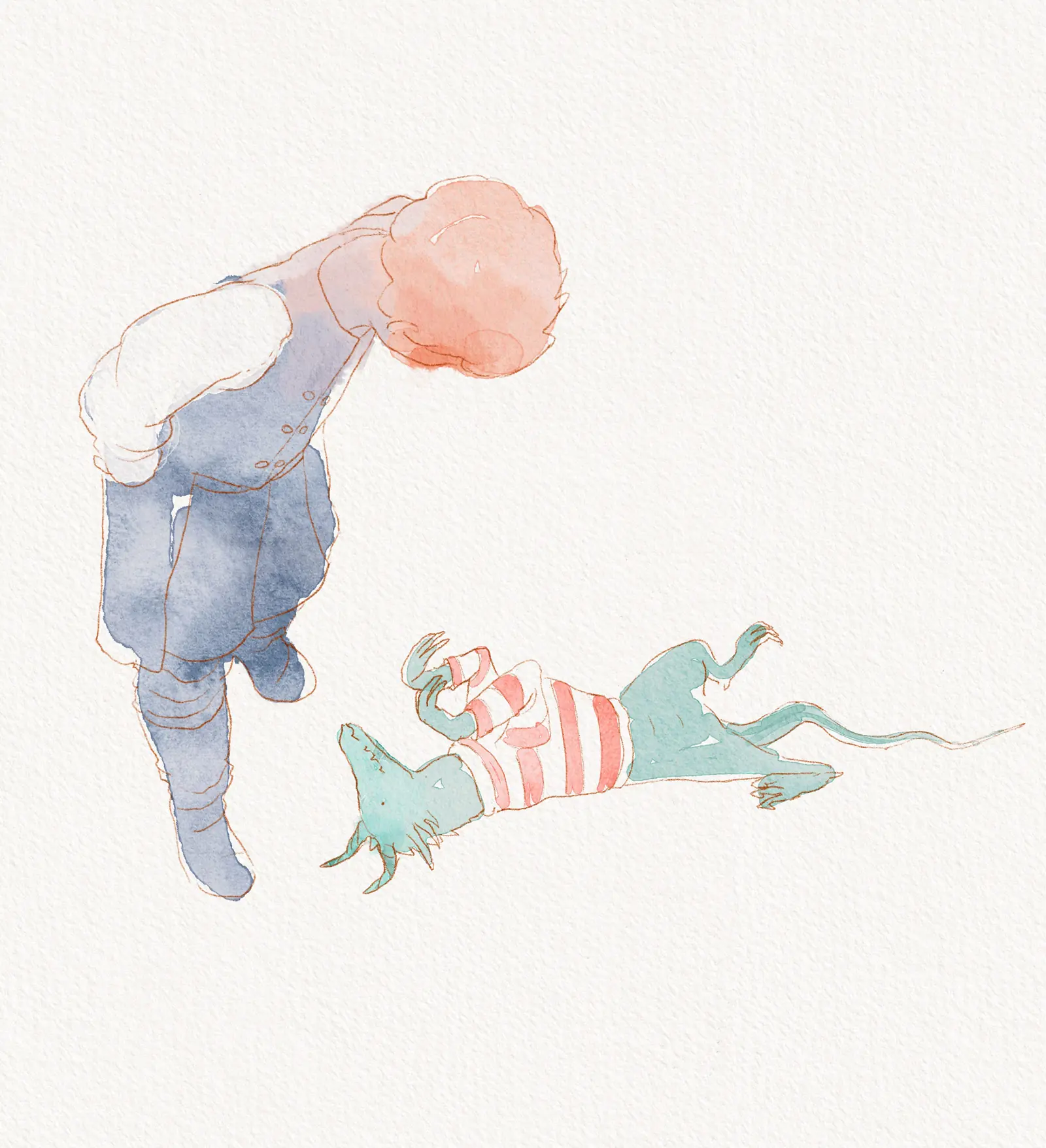 A boy observing a green creature in a striped shirt, illustrated by Nicolas Crombez