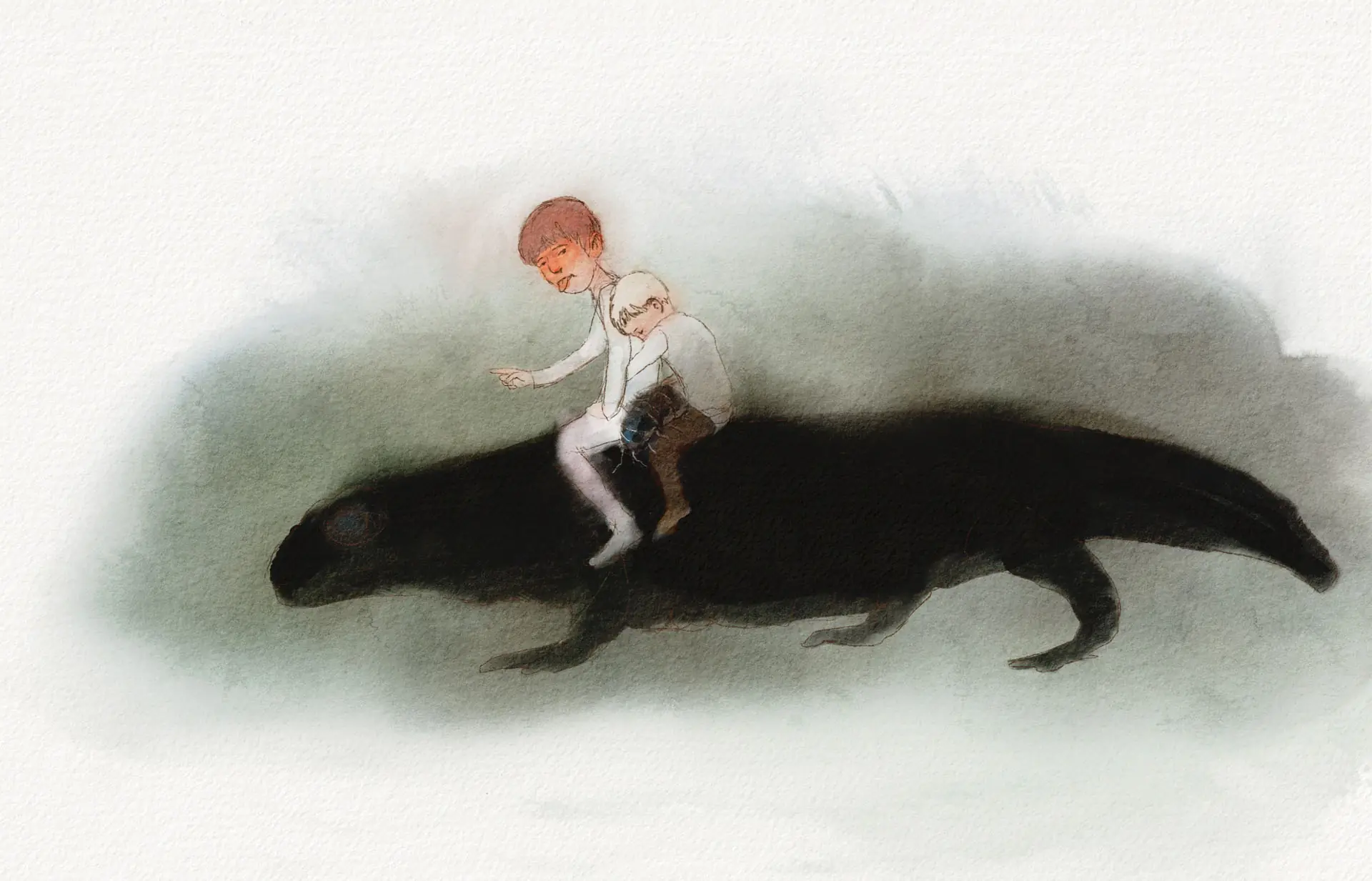 Boy riding a long black animal through mist, double-page watercolour by Nicolas Crombez