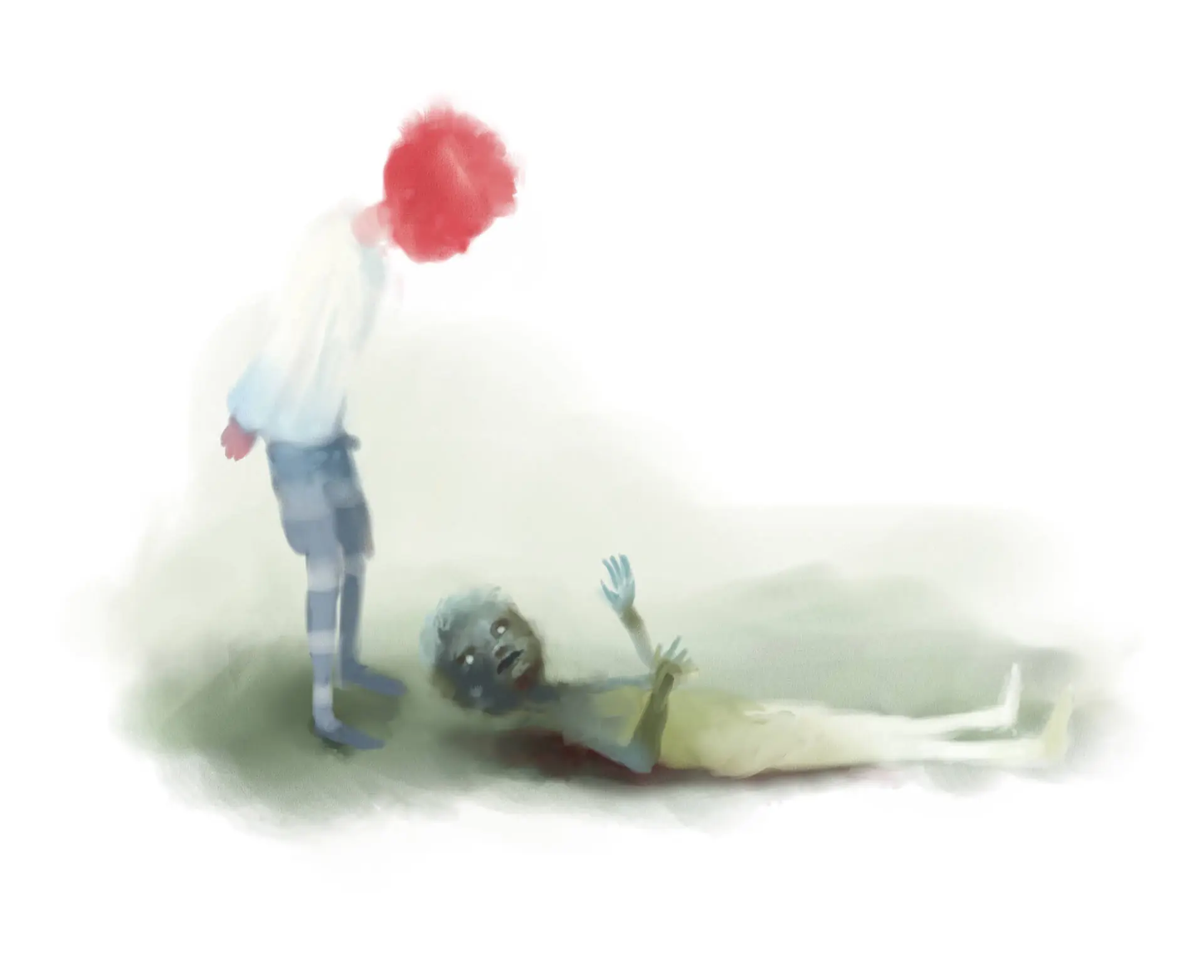 Red-haired child standing beside a reclining figure, watercolour illustration by Nicolas Crombez