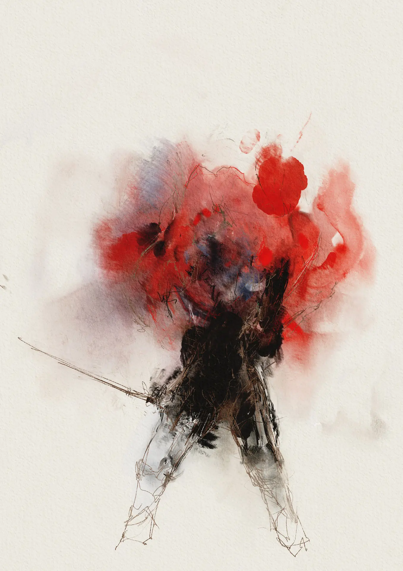 Expressive red and black watercolour character study by Nicolas Crombez